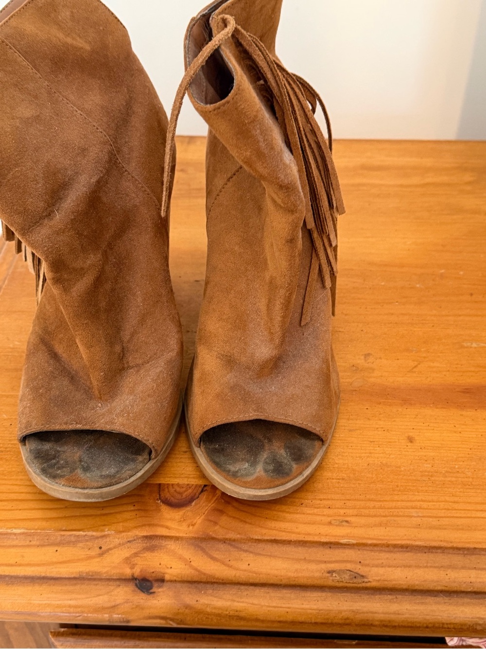 Women's Tan Suede Fringe Peep-Toe Booties - Brand Not Specified